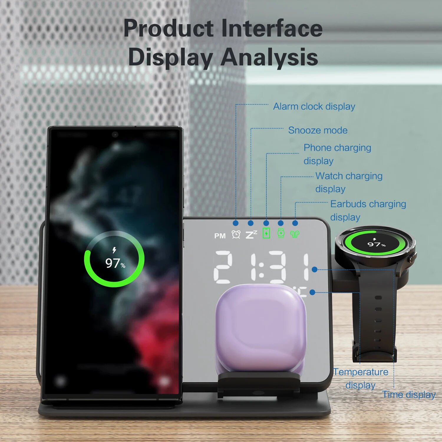 Беспроводное зарядное устройство 4 в 1 для Samsung Galaxy S24 S23 Сверхбыстрая зарядная док-станция для Galaxy Watch 7 6 5 Buds Светодиодный будильник, Черный — фото 1