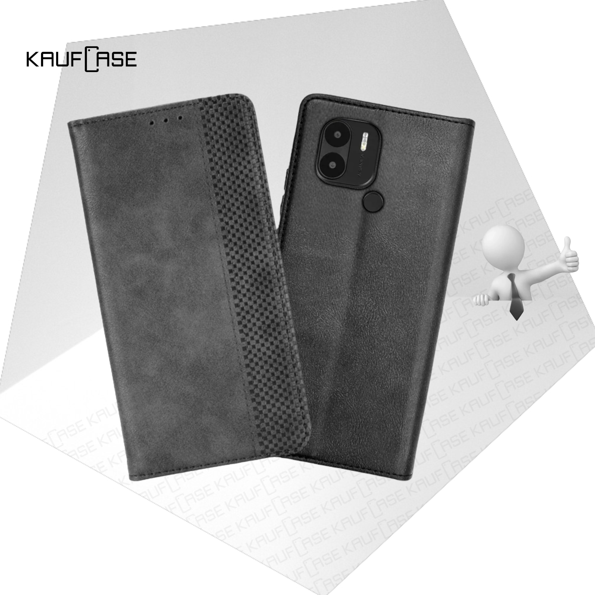 Чехол книжка, кошелек для телефона Xiaomi Redmi A1+ /A2+ /Poco C51 (6.52"), черный. Комбинированный принт, кожа и квадраты