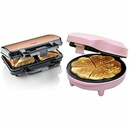 Сэндвичница Bestron ASM90XLCO XL 900 Вт черныймедь металл и вафельница для классических вафель в форме сердца с антипригарным покрытием для вафель в форме сердца ретро-дизайн 700 Вт розовый 1459800₽
