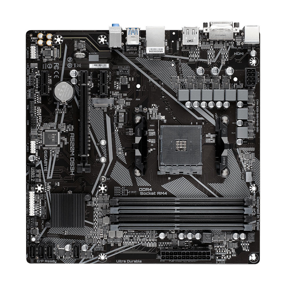 Материнская плата GIGABYTE A520M DS3H AMD AM4 rev 1.3, PCIe 3.0 x4, 4 x DDR4, HDMI, DVI-D, DisplayPort, разъём M.2, microATX, Retail
