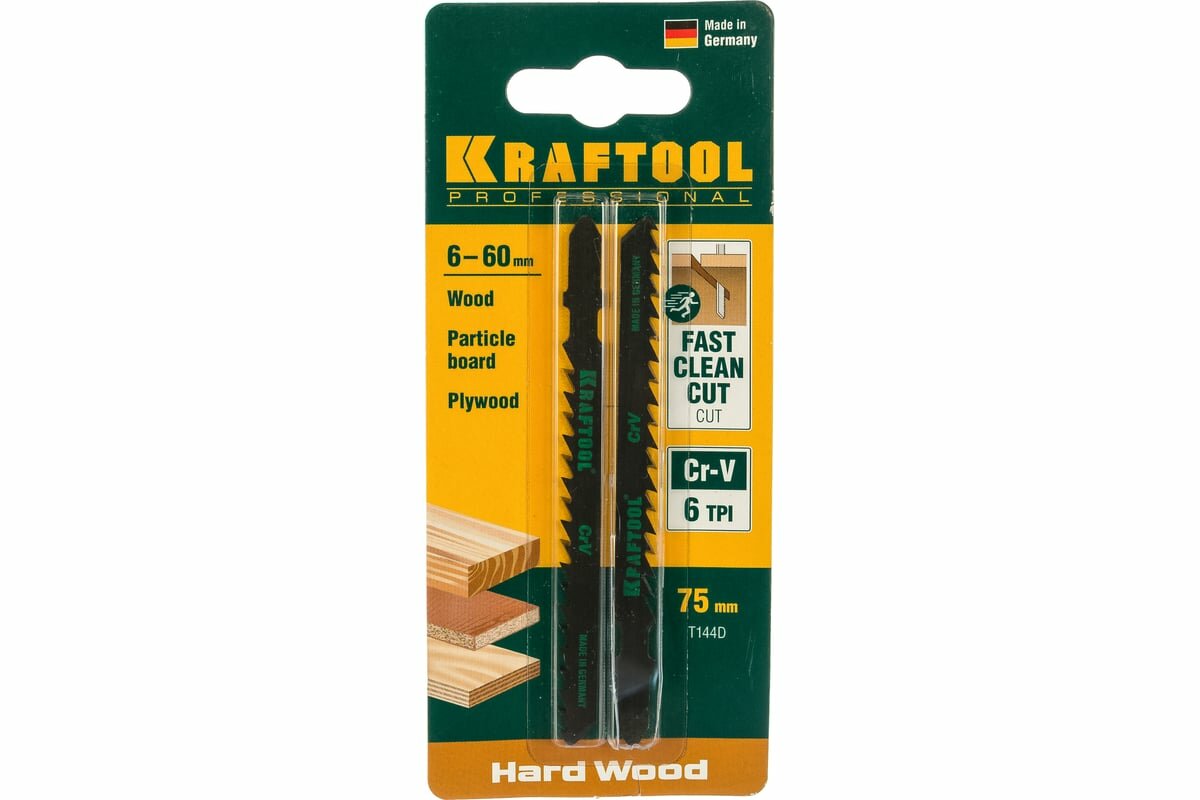 Изображение Полотно KRAFTOOL по дереву, ДВП, ДСП для эл/лобз, T144D, EU, заточ, развед. зубья, Cr-V, быстрый рез, шаг 4мм, 75мм, 2шт 159521-4