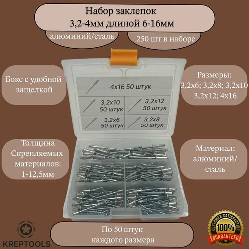 Набор заклепок вытяжных алюминий/сталь диаметром 3,2-4мм длиной 6-16мм 250 штук