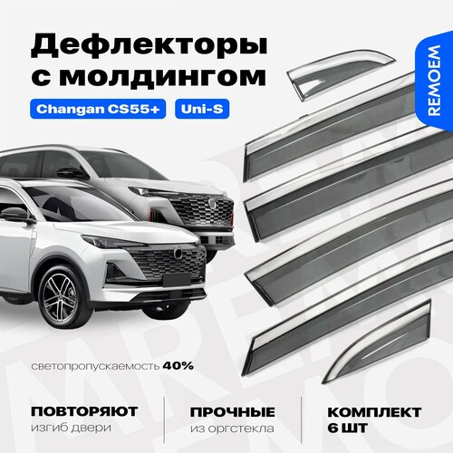Дефлекторы для Changan CS55 Plus, Uni-S (2019-2025) ветровики с хром молдингом 18 мм, 6 шт Remoem / Чанган ЦС55 Плюс Юни-С