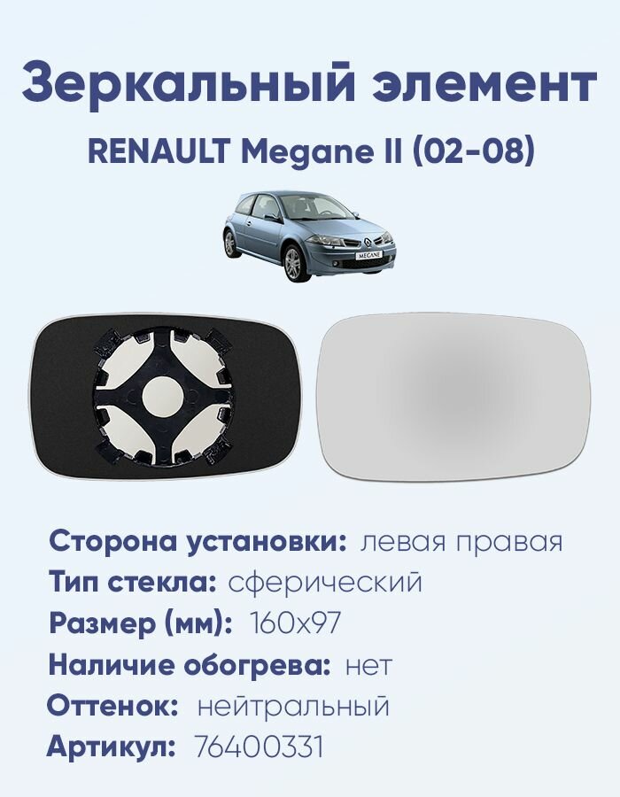 Зеркальный элемент основной RENAULT Megane II (02-08) сфера нейтральный без обогрева