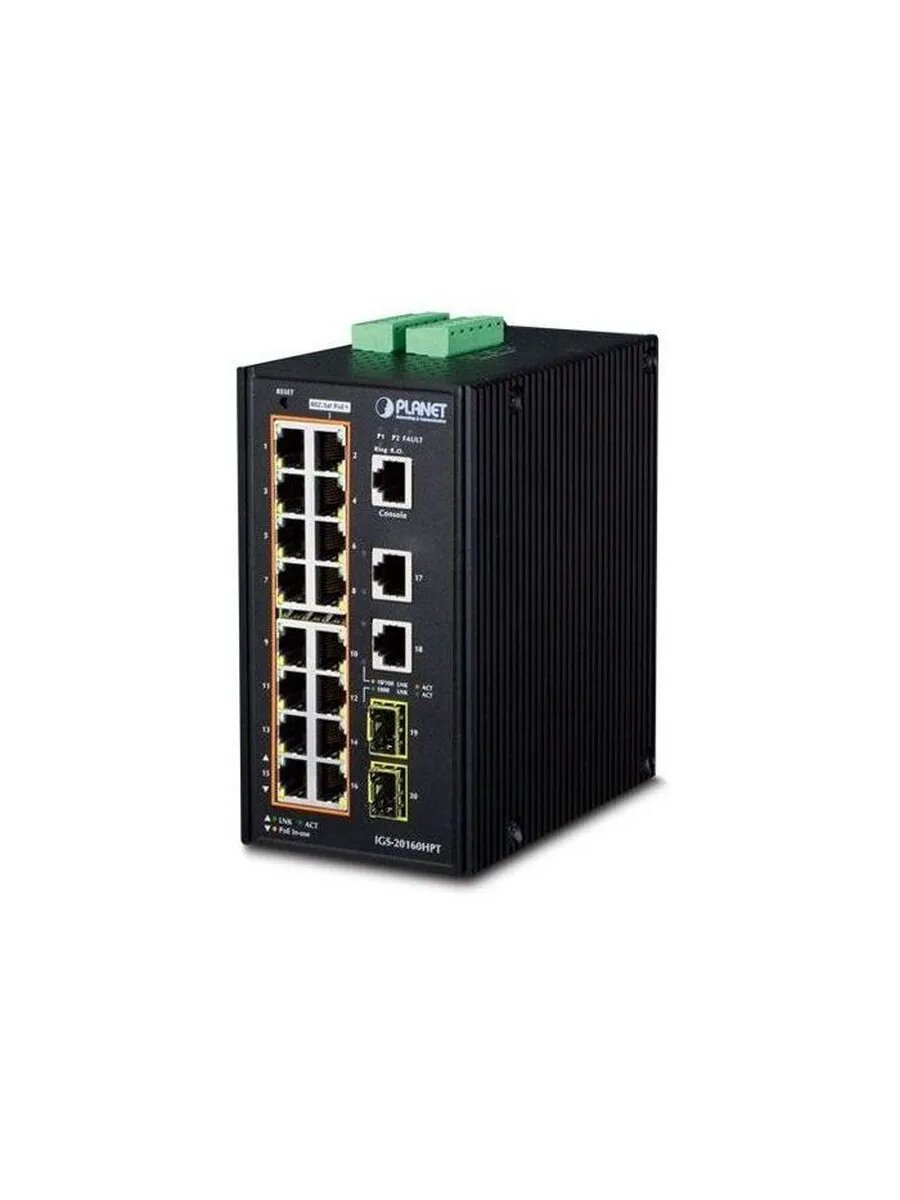 IP30 Industrial L2+/L4 16-Port 1000T 802.3at PoE+ 2-Port 1000T + 2-port 100/1000X SFP Full Managed Switch (-40 to 75 C, dual redundant power input on 48~56VDC terminal block, DIDO, ERPS Ring Supported Planet - фото №1