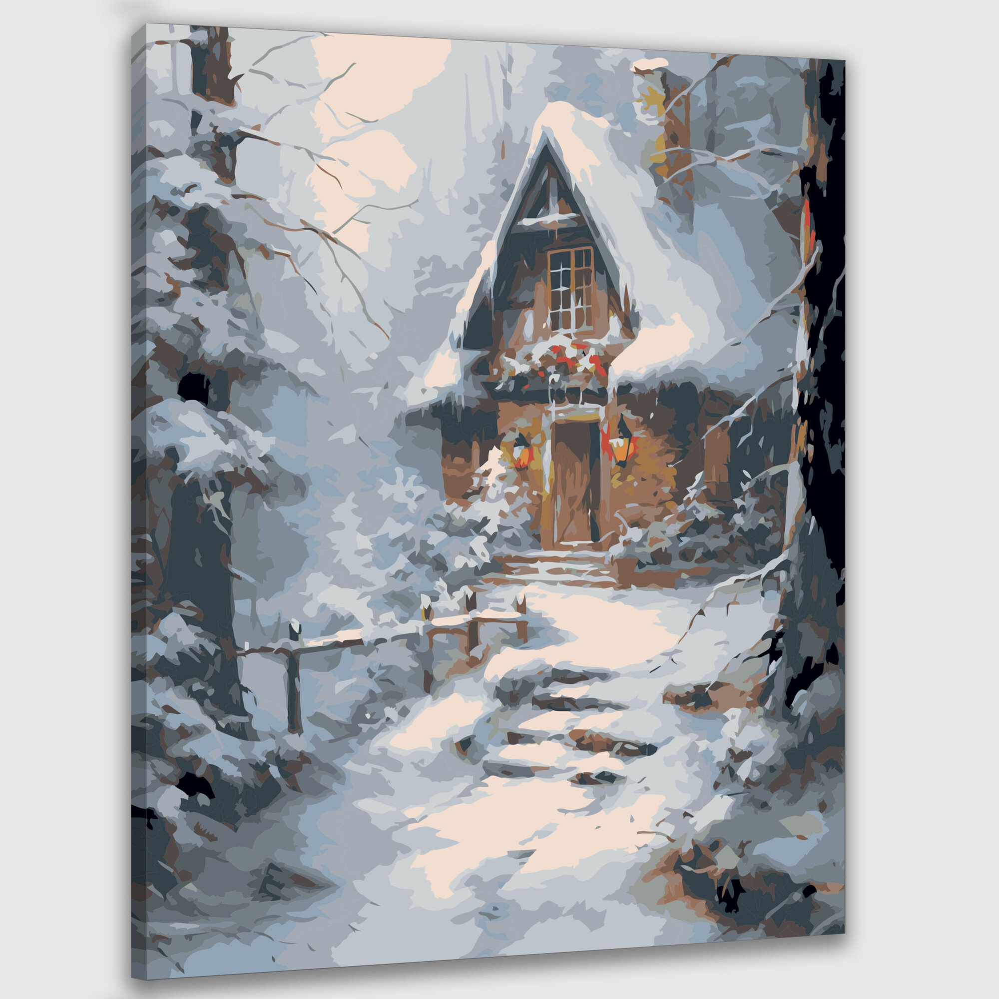 Картина по номерам 40x50 см, картина маслом, коттедж, заснеженный лес, Снегурочка, порог, розовые щеки, дыхание