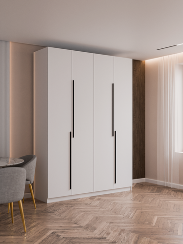 Изображение товара Шкаф распашной Тейлз - 4 с выдвижными ящиками | ЛДСП Белый шагрень с черными ручками