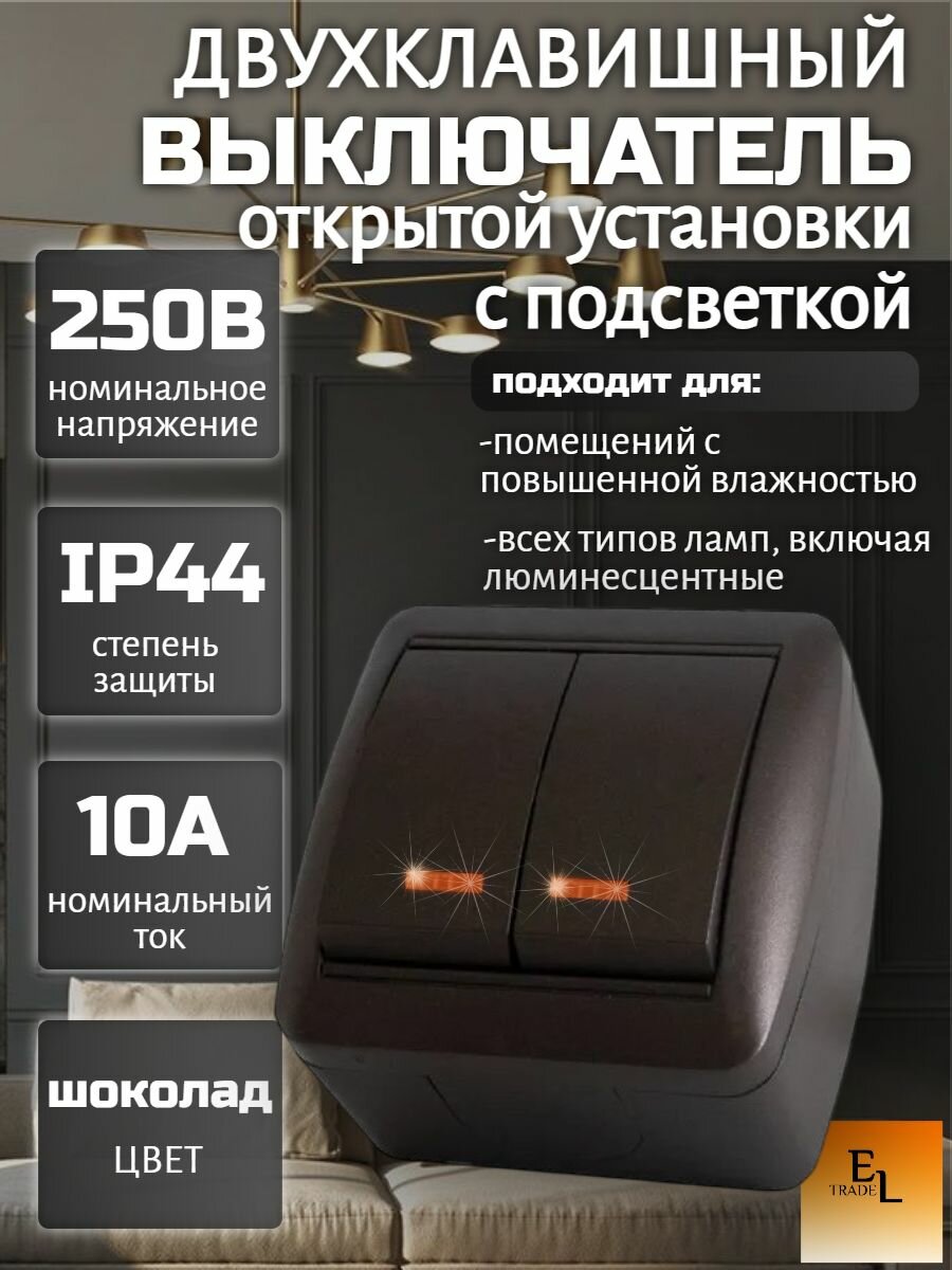 Выключатель двухклавишный открытой установки, с подсветкой, шоколад, 250В, 10А, IP44, Селигер