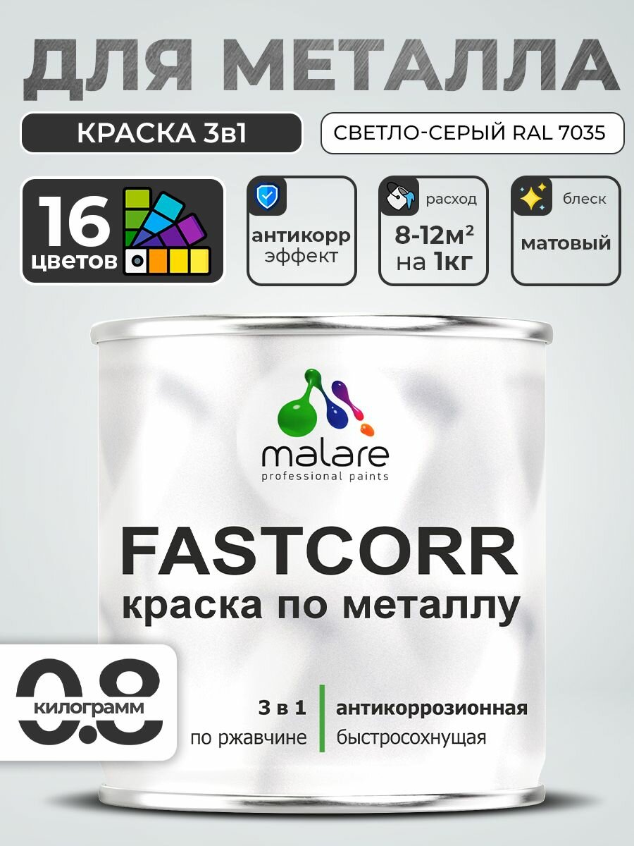 Краска по металлу Malare FastCorr по ржавчине, антикоррозионная, быстросохнущая, матовая, RAL 7035, светло-серый, 0,8 кг.