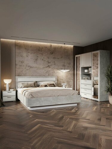 Изображение товара Спальный гарнитур, комплект Амбер, кровать, прикроватная тумба, шкаф, Ателье светлый / Белый