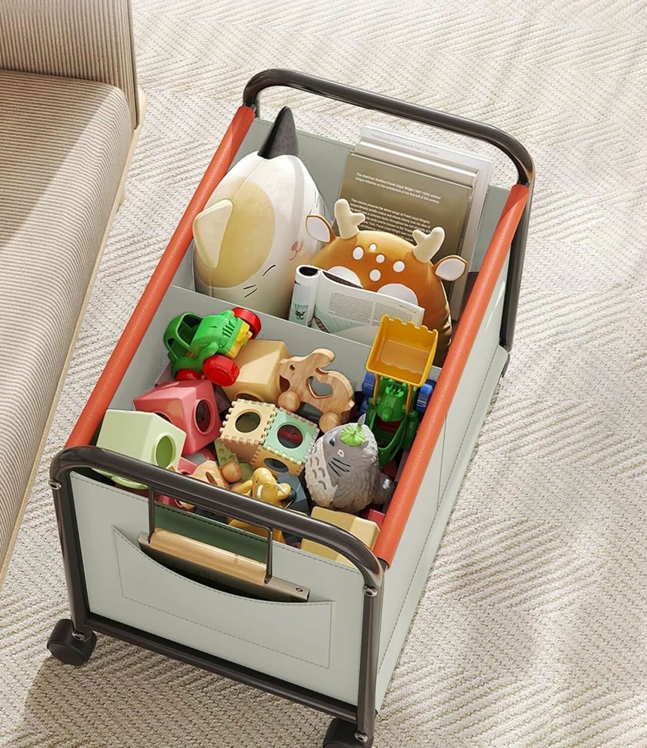 Корзина-органайзер для хранения игрушек колеса металл/текстиль светло-бежевая