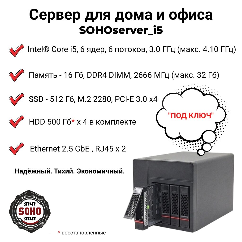 Мини-сервер SOHOserver_i5, HDD 500GB x 4, RAID, Intel i5, 16GB RAM, 512GB SSD