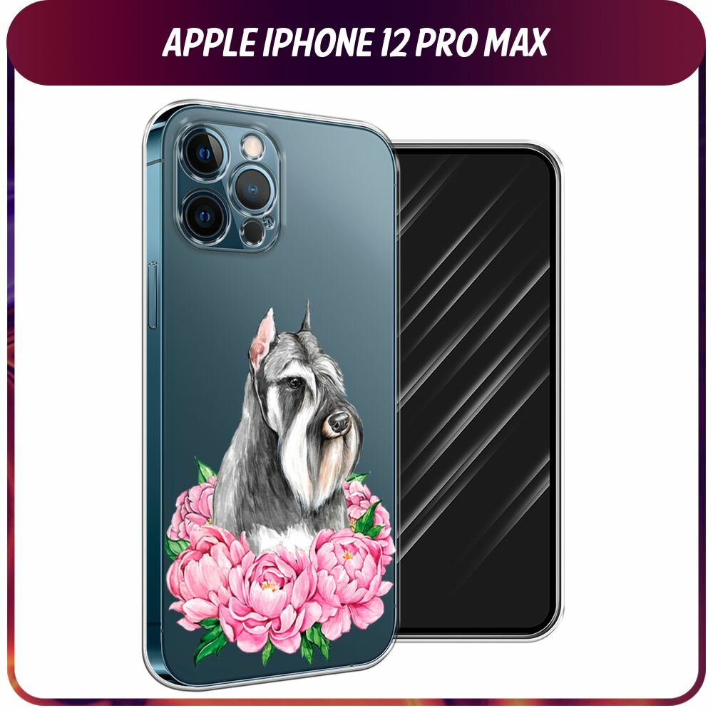 Чехол на Apple iPhone 12 Pro Max / Айфон 12 Про Макс с принтом Цвергшнауцер в пионах, прозрачный