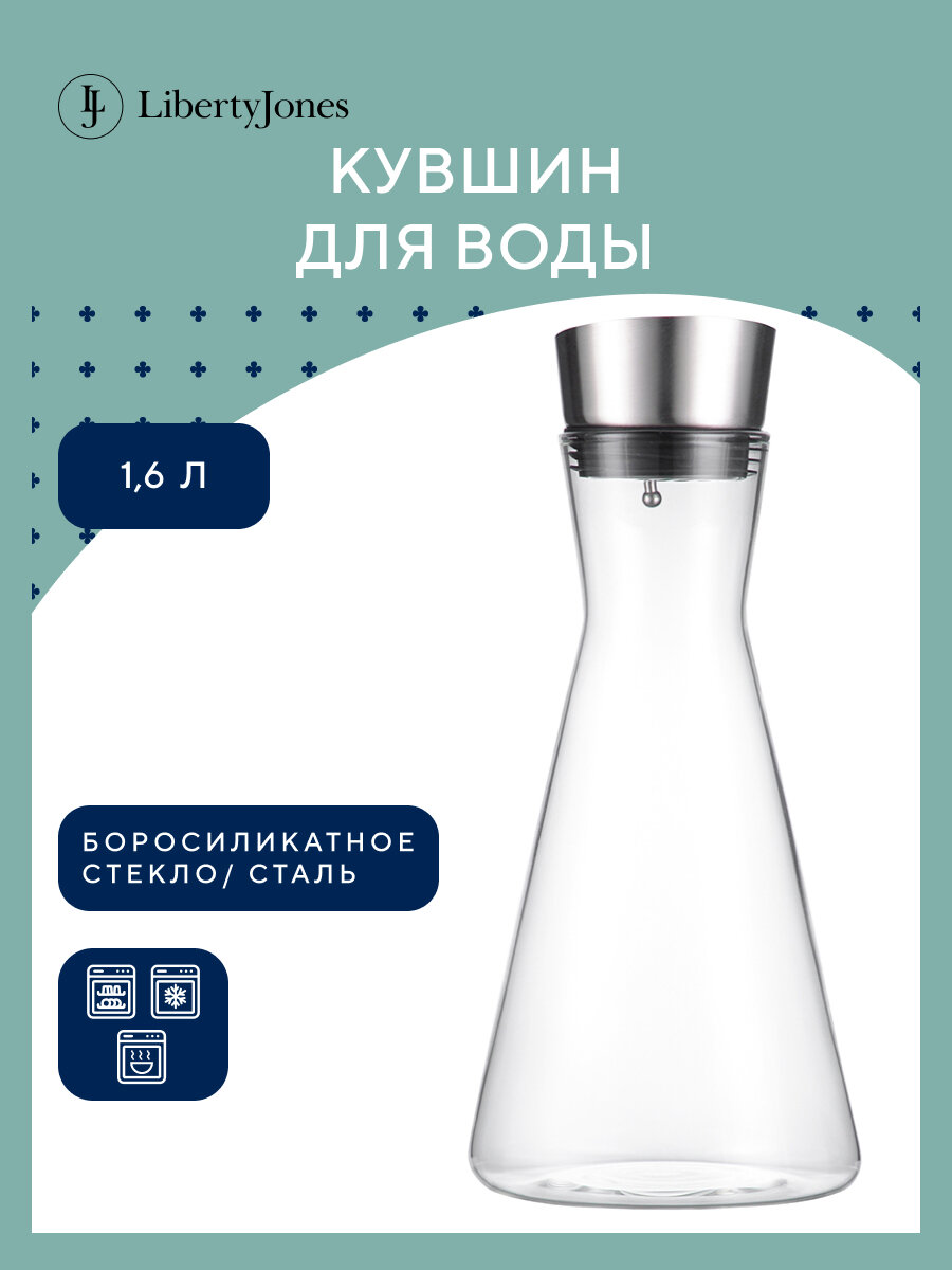 Кувшин для соков и воды 1,6 л Simpel, стеклянный с крышкой из стали прозрачный Liberty Jones LJ0000122