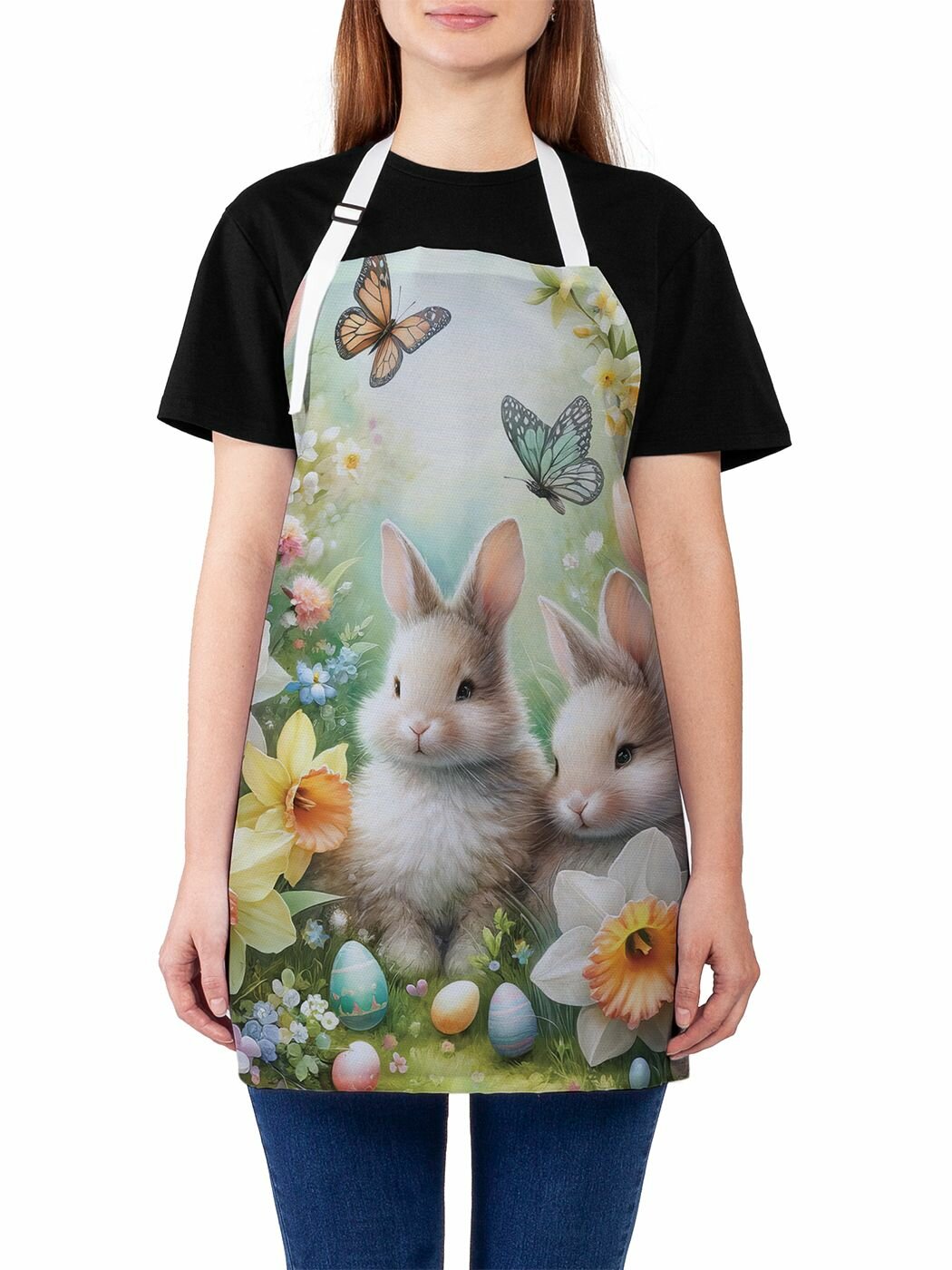 Фартук для кухни тканевый "Зайки в цветах" / водоотталкивающий, универсальный размер , JoyArty