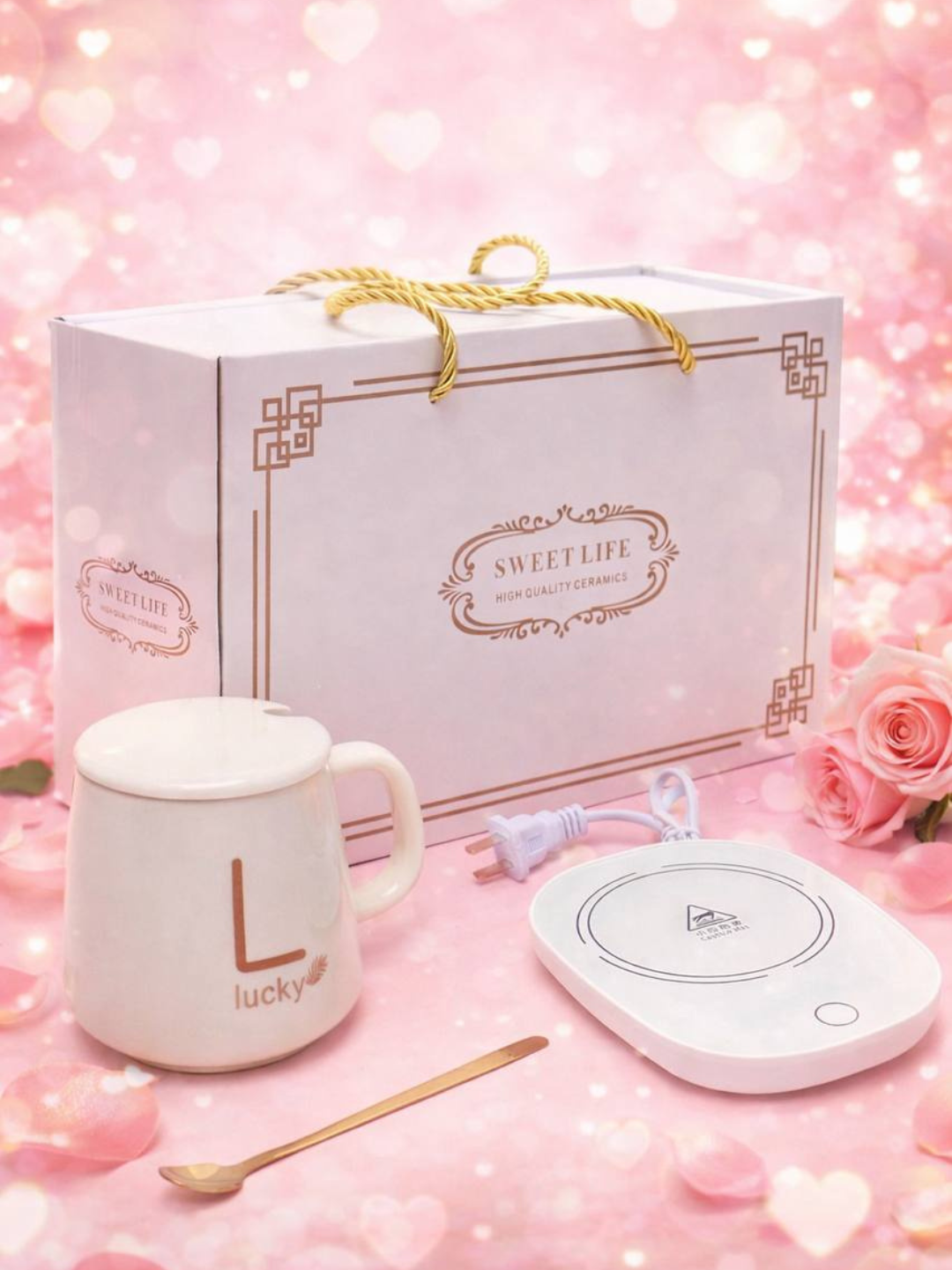 Кружка с подогревом "Giftmania", фарфор, белая, с ложкой и подставкой, 350 мл