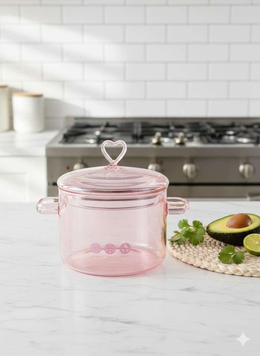 Стеклянная кастрюля из жаропрочного стекла с декоративной ручкой-сердечком для плиты, объём 1,5 л (X-GL8)
