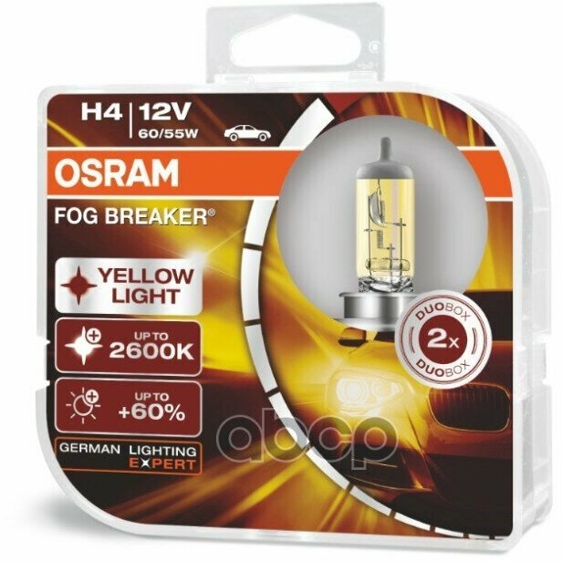 Комплект Ламп H4 12V 60/55W P43t Fog Breaker +60% Больше Света, 2600К 2Шт.(1К-Т) Osram арт. 62193FBRHCB