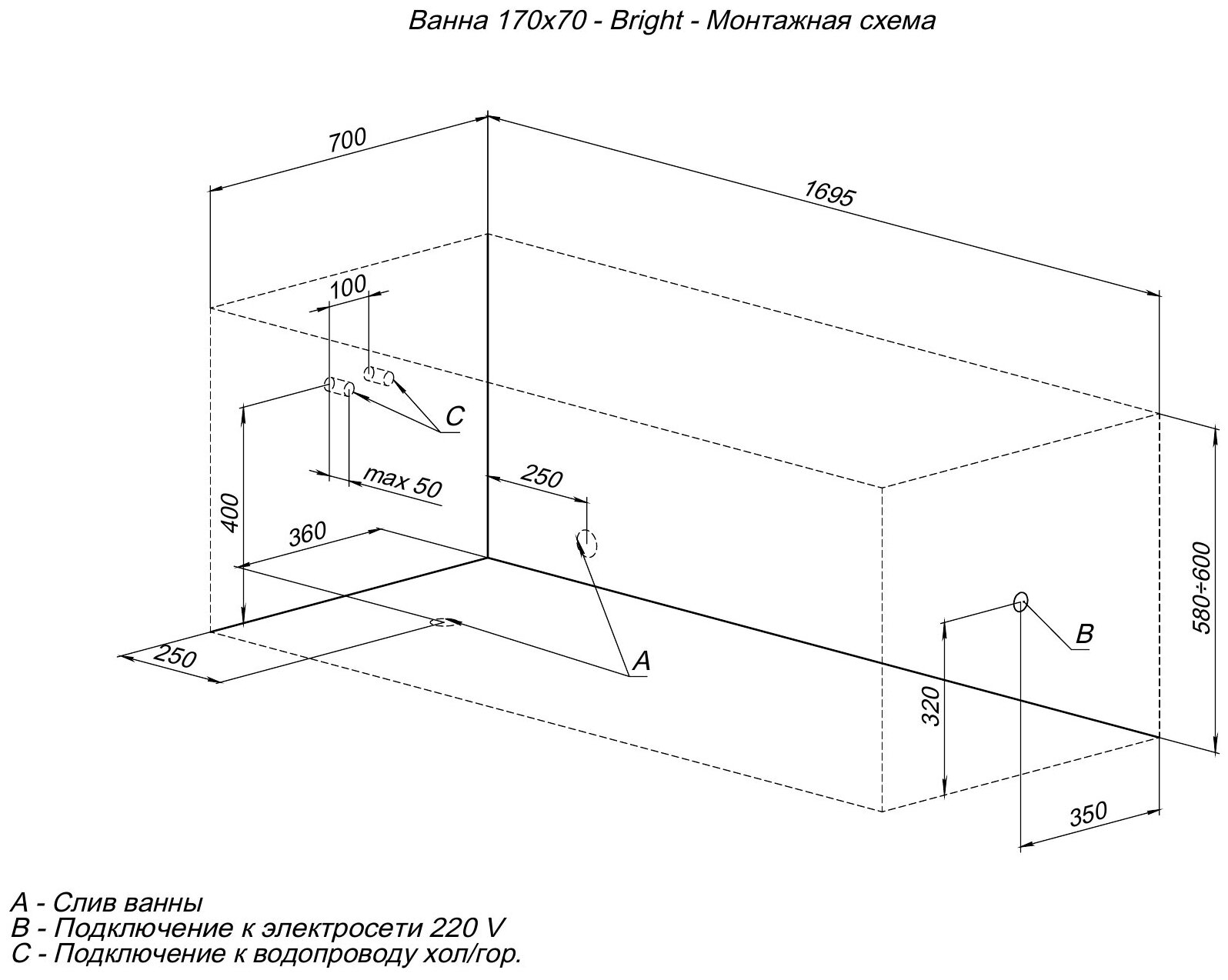 Акриловая ванна Aquanet Bright 170x70 см, 00267835, с каркасом, цвет белый