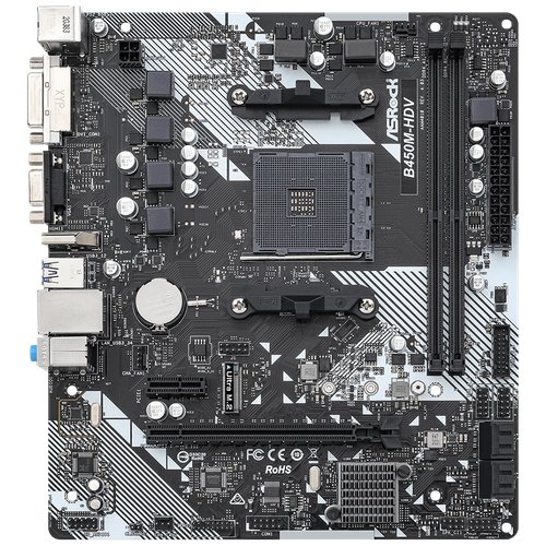 Материнская плата Asrock B450M-HDV R4.0 (Soc-AM4/AMD B450M/2xDDR4/mATX/AC`97 8ch(7.1)/GbLAN RAID/VGA/DVI/HDMI) (B450M-HDV R4.0)