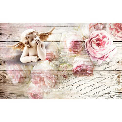 Моющиеся виниловые фотообои GrandPiK Задумчивый амур и розы, 420х260 см