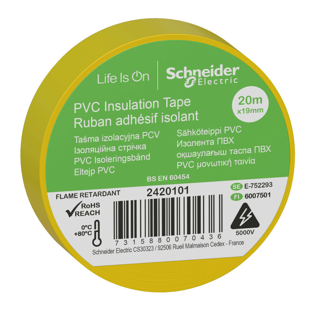 Изолента ПВХ ширина 19 мм длина 20 метров толщина 013 мм жёлтая Schneider Electric