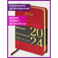 Ежедневник датированный 2024 Малый Формат 100х150 мм А6, Brauberg Iguana, под кожу, красный, 114785