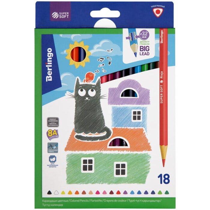 Карандаши цветные Berlingo "SuperSoft. Жил-был кот", 18цв, трехгран, заточен, картон, европодвес
