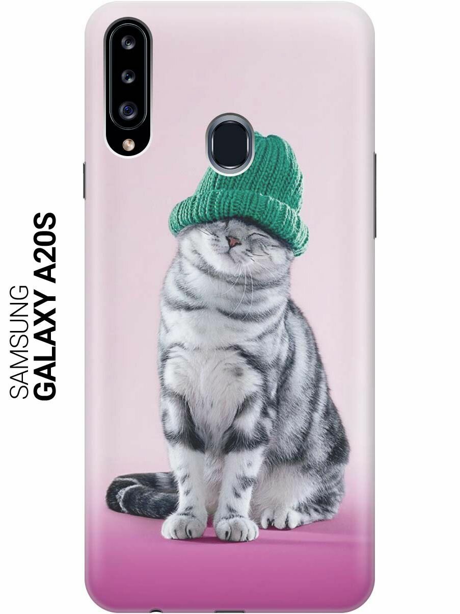 Ультратонкий силиконовый чехол-накладка для Samsung Galaxy A20s с принтом "Кот в зеленой шапке"