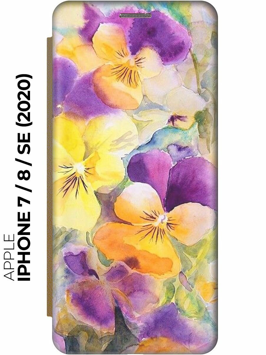 Чехол-книжка на Apple iPhone SE (2022) / SE (2020) / 8 / 7 / Эпл Айфон СЕ 2022 / СЕ 2020 / 8 / 7 с рисунком "Сиреневые и желтые цветы" золотой