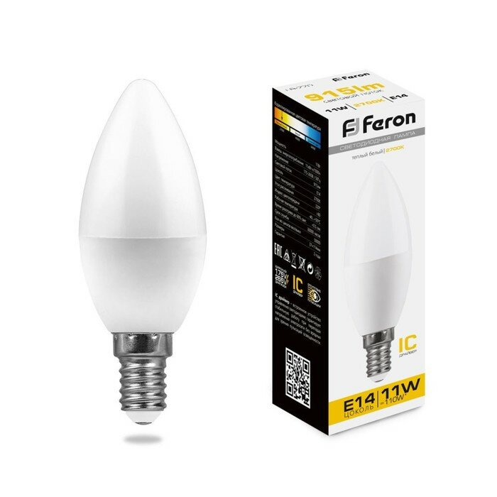 FERON Лампа светодиодная FERON, C37, 11 Вт, E14, 915 Лм, 2700 К, 220°, 114х37, теплый белый