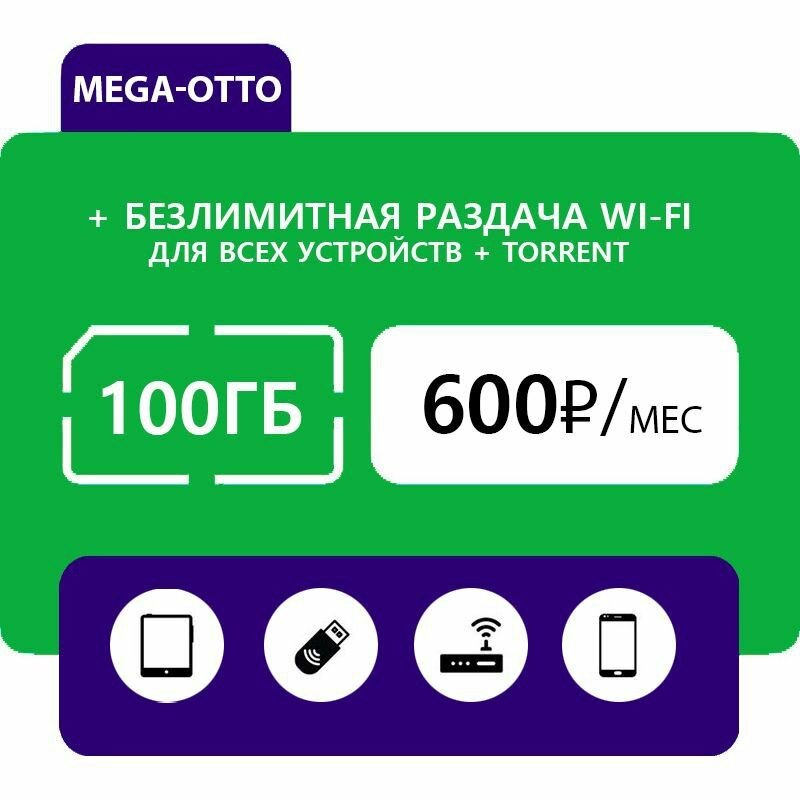 Тариф для 4G модема WiFi роутера симкарта Мегафон 100 ГБ за 600 руб./мес.