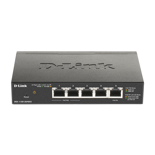 D-Link DGS-1100-05PDV2A1A Настраиваемый L2 коммутатор с 5 портами 101001000Base-T 2 порта PoE 1 порт для питания к 6680₽