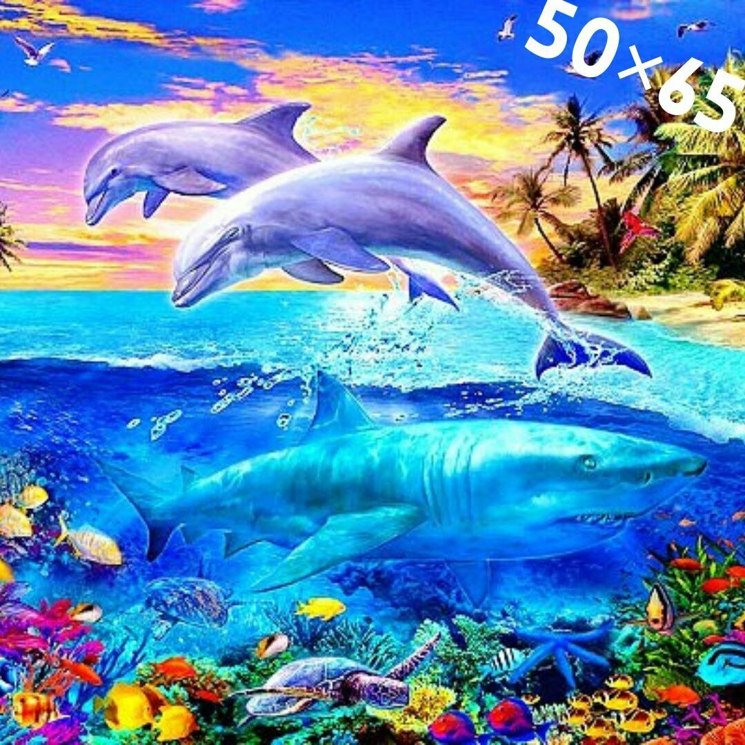 Картина по номерам "Дельфины" 50х65, холст на подрамнике