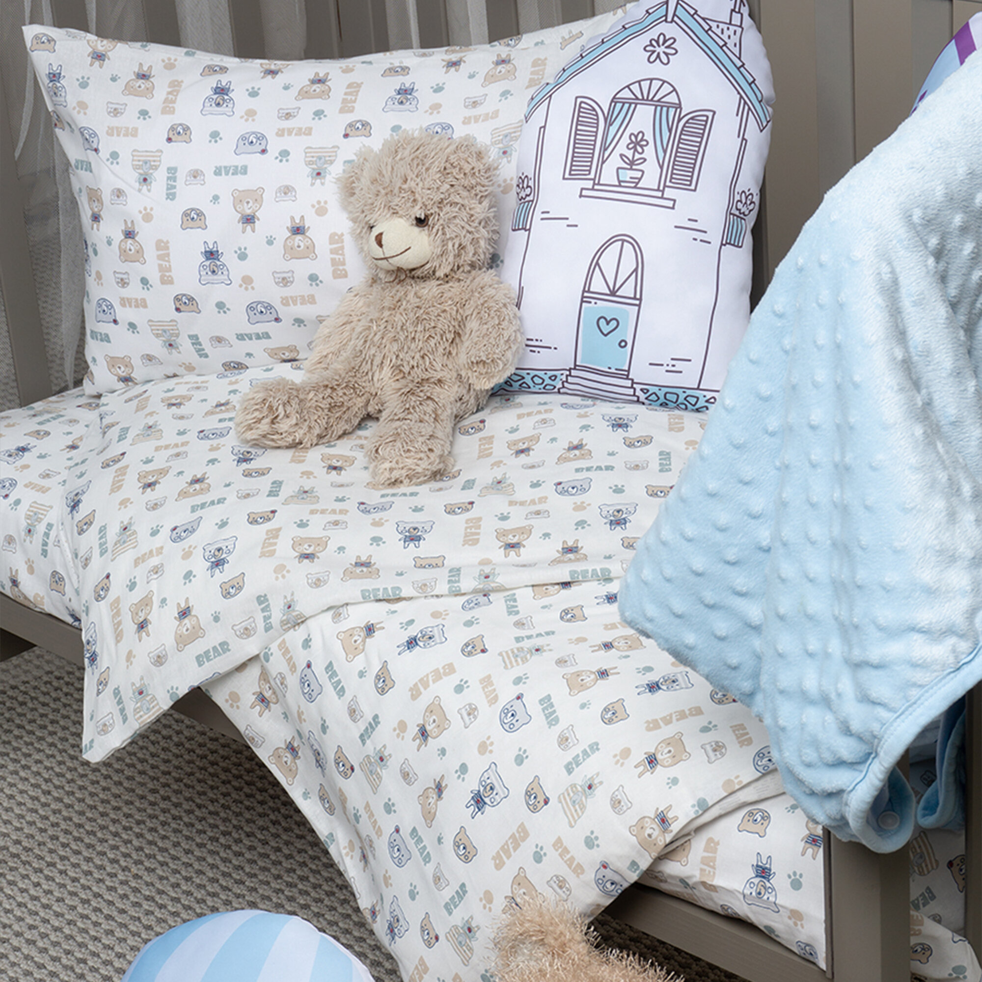 Постельное белье детское / Комплект постельного белья Детский в кроватку Galtex Полосатые мишки на белом фоне