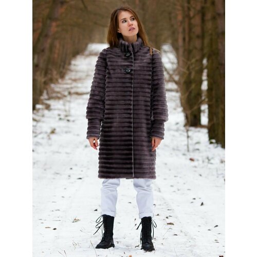Шуба BAVNIS, размер 44 женское трикотажное пальто с воротником стойкой и принтом плюща