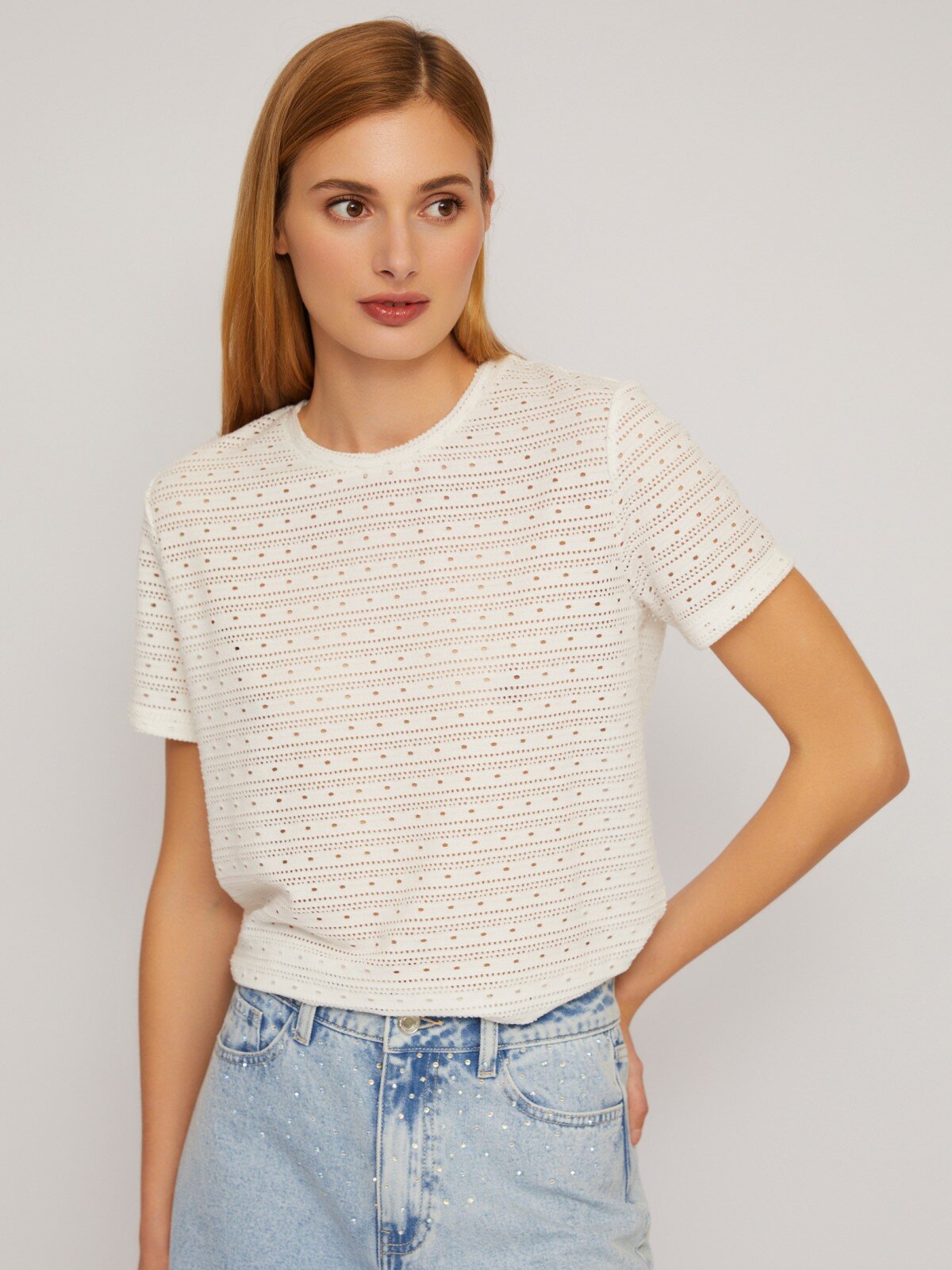 фото Блузка-футболка из ажурного трикотажа, цвет Белый, размер L 024233210253