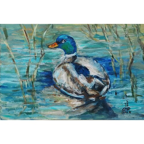 Авторская картина ручной работы Утка на пруду Акрил размер А4 1300₽