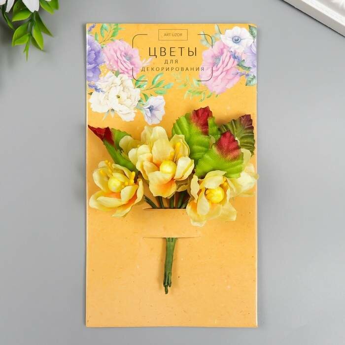 Цветы для декорирования "Циния" 1 букет=6 цветов 9 см жёлтый (арт. 7856874)