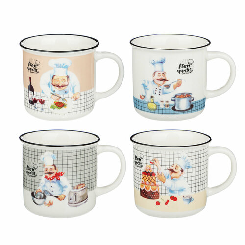 MILLIMI Веселый повар Кружка, 340мл, фарфор, 4 дизайна, 12 штук