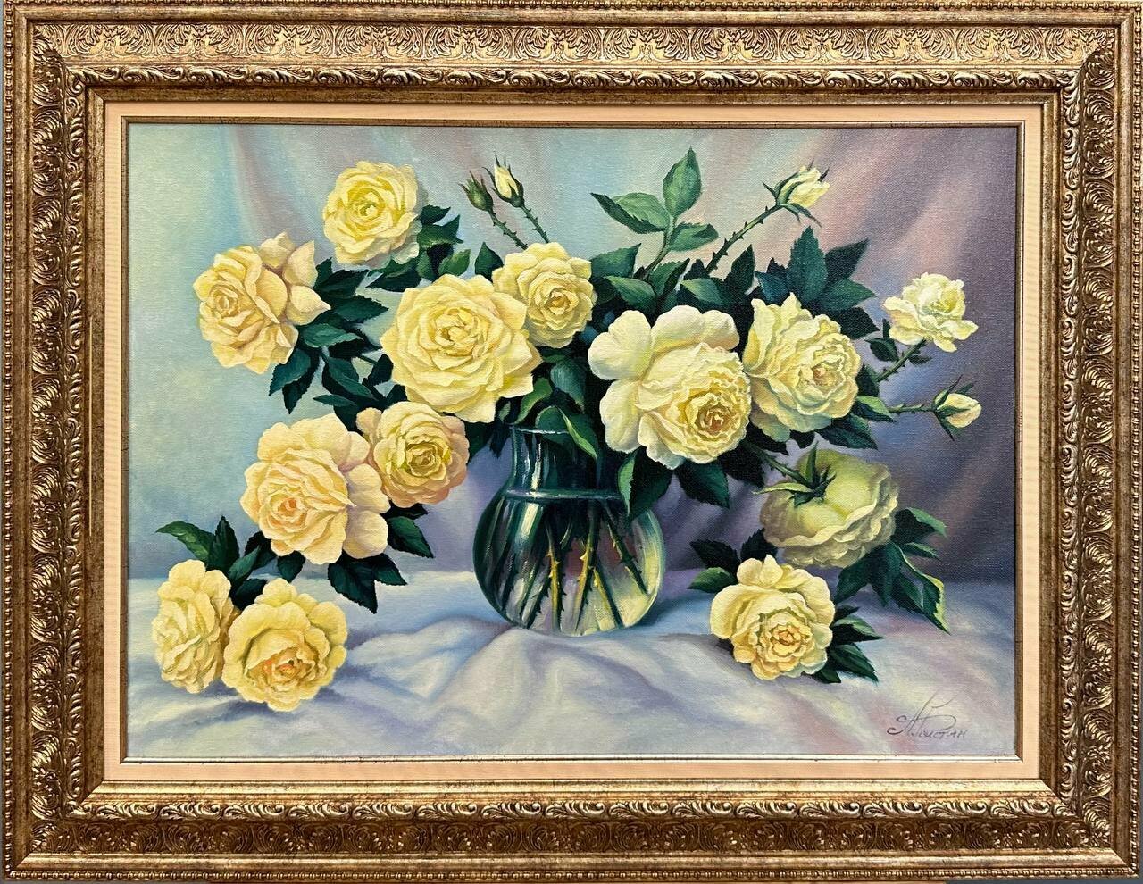 Картина маслом, цветы "Розы в стеклянной вазе"