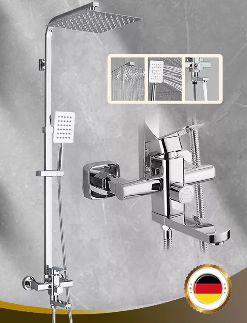 фото Душевая система с тропическим душем и краном, квадратный, матовое, металлическое покрытие