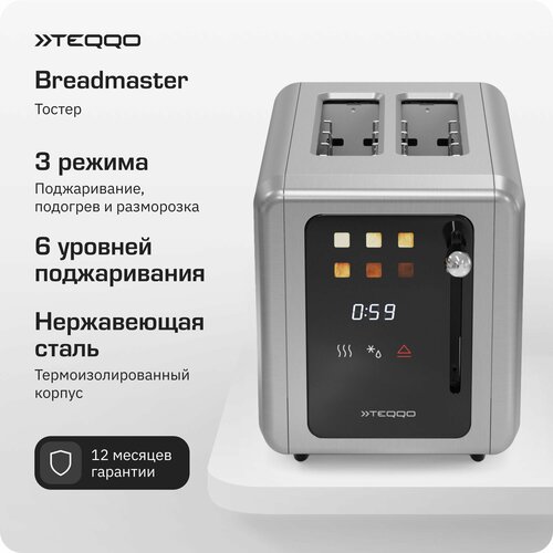 Тостер Teqqo Breadmster серебристый мощность 925Вт защита от перегрева 5352₽