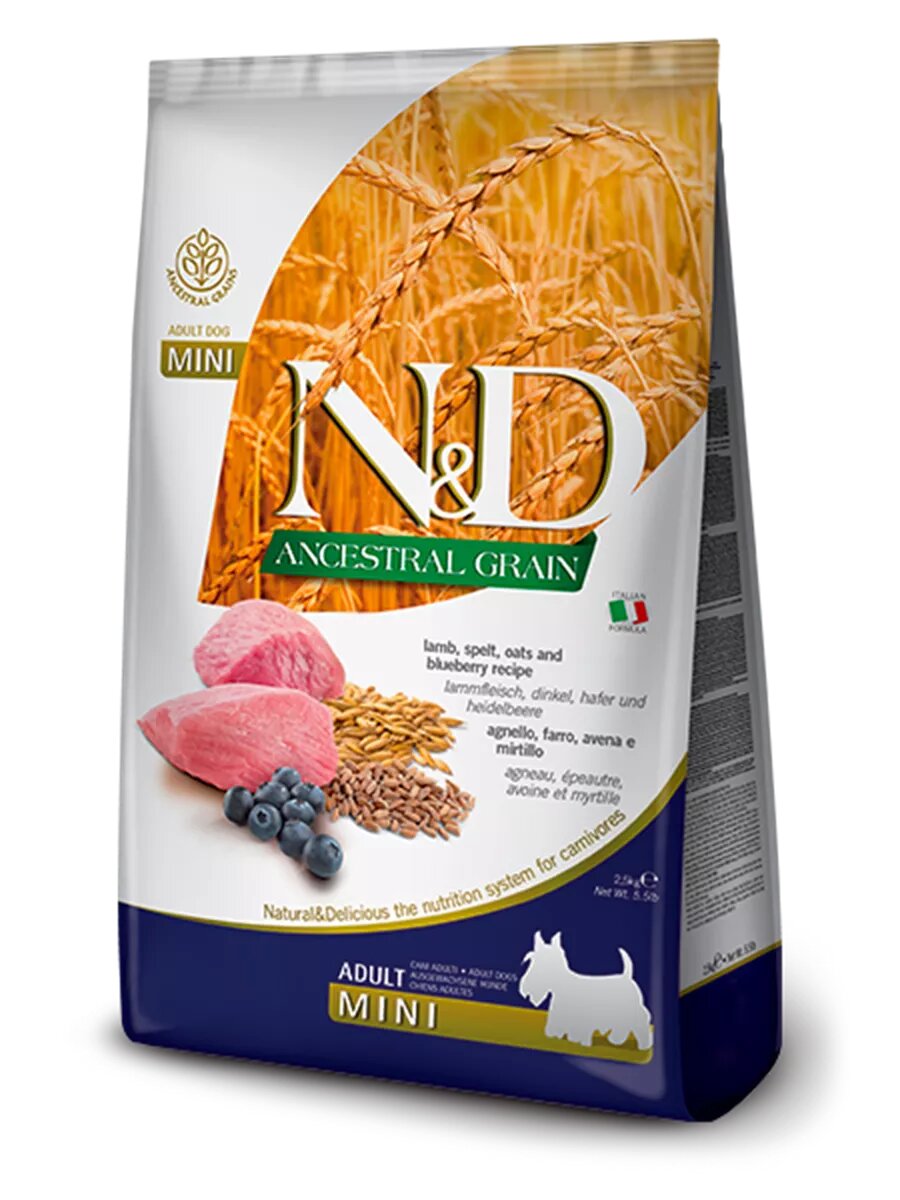 N&D Ancestral Grain Dog, ягненок, спельта, овес и черника для взрослых собак мини 2,5 кг