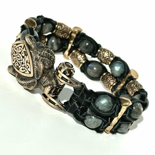 Плетеный браслет Josstone, кожа, лабрадорит, 1 шт., размер 19 см, золотистый, черный, белый, серый, голубой