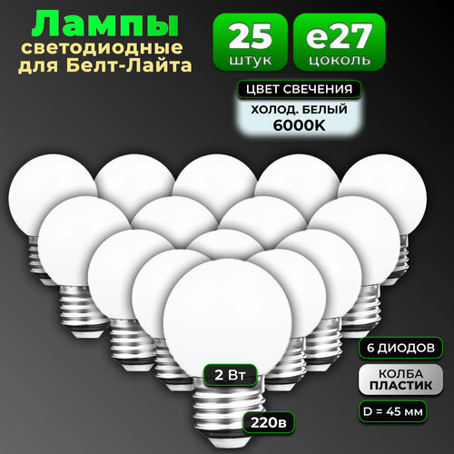 Комплект ламп Е27 25 штук холодный белый 6000К 2Вт белый пластик 45мм 5887₽
