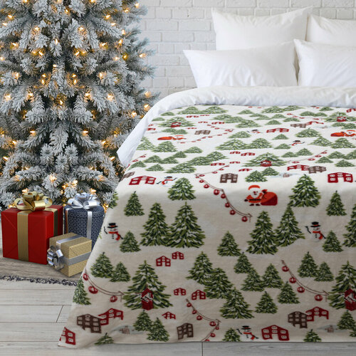 Плед евро 200х220 см, покрывало Happy Family велсофт Новогодние каникулы/мягкий, теплый плед на кровать/Новый год 2025/Рождество/подарок/дачи/ NEW 2025/ белый, размер евростандарт