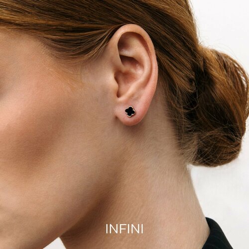 фото Серьги пусеты infini, красное золото, 585 проба, фианит, эмаль, размер 7 мм, длина 0.7 см, , черный/золотой