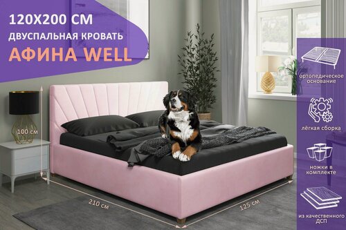 Изображение товара Двуспальная кровать Афина WELL 120х200 см, с ортопедическим подъемным механизмом, с ножками, цвет розовый