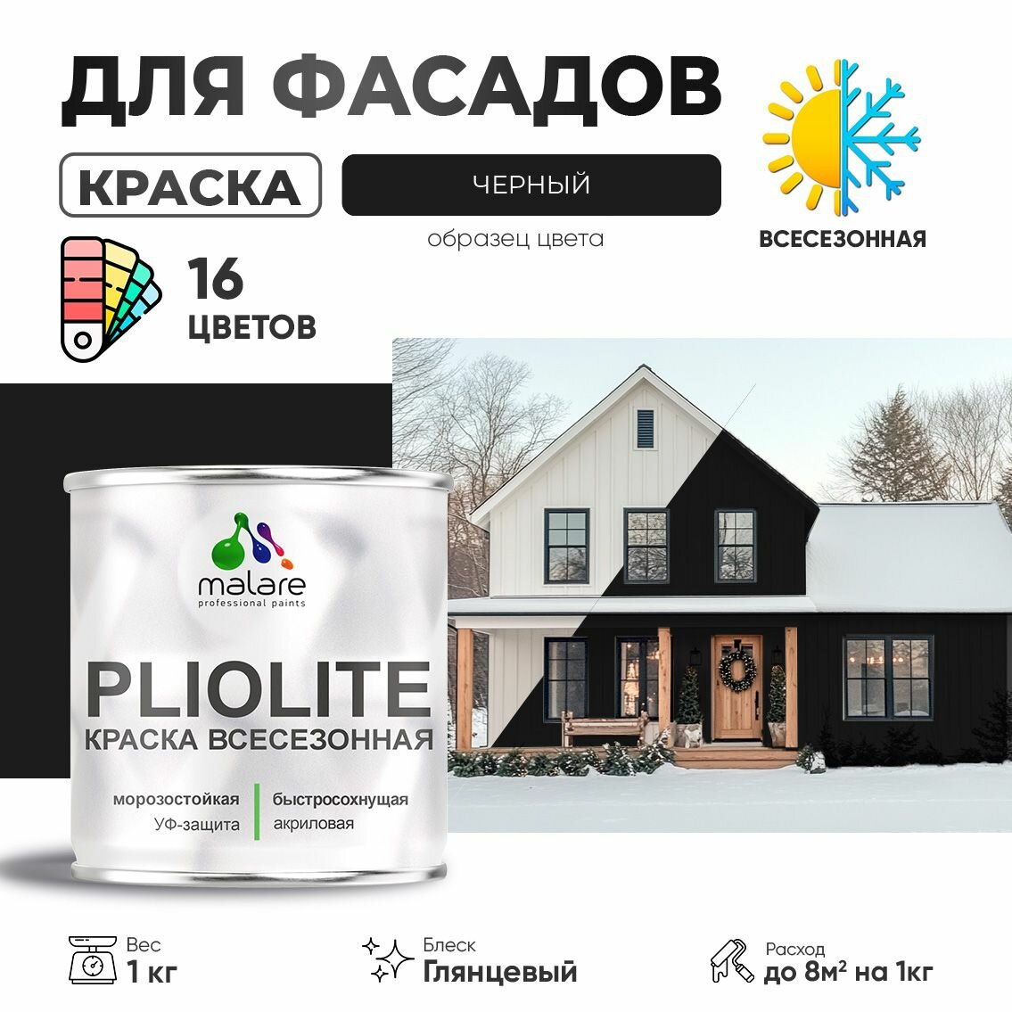 Краска-эмаль Pliolite всесезонная, зимняя, для всех типов поверхностей, антикоррозионная, RAL 9005, черный, глянцевая, 1 кг.